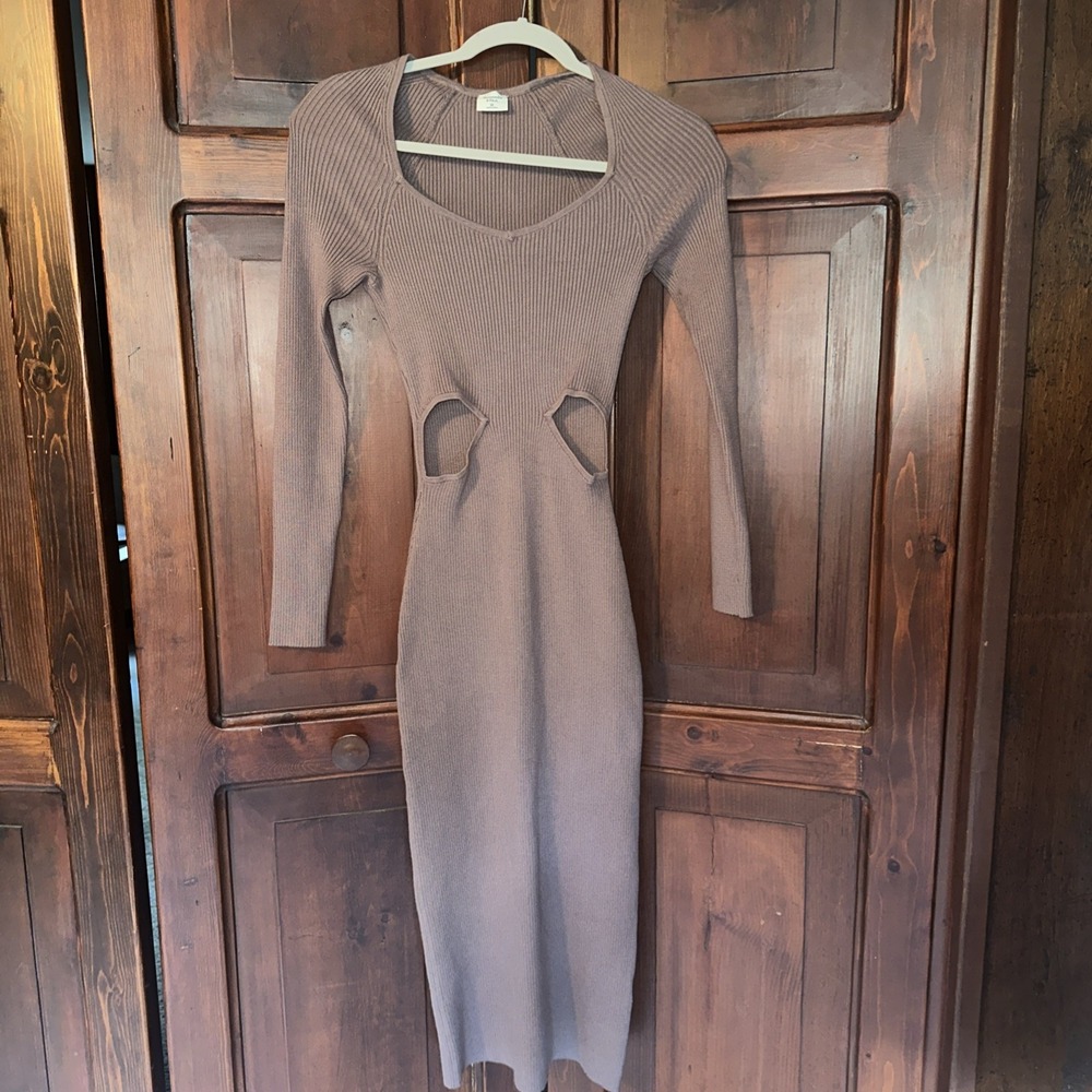 Womens Abercrombie & Fitch Long Sleeve Sweater Ribbed Side Cutout Dress Brown